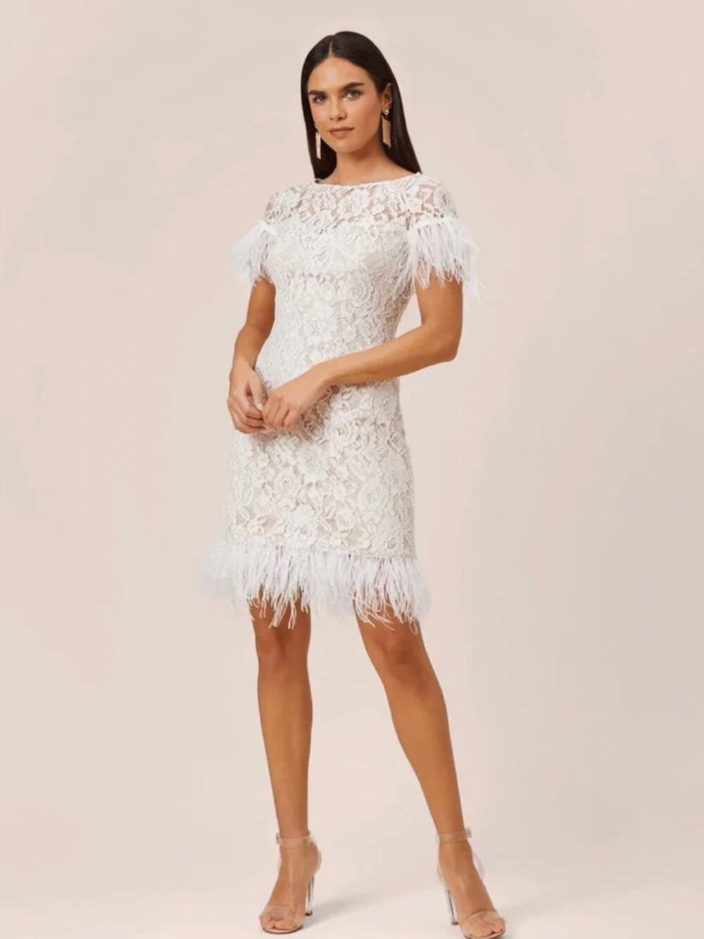 Aidan Mattox Dress 4 White Lace Fringe Feather Trim Bridal Wedding Boho Short